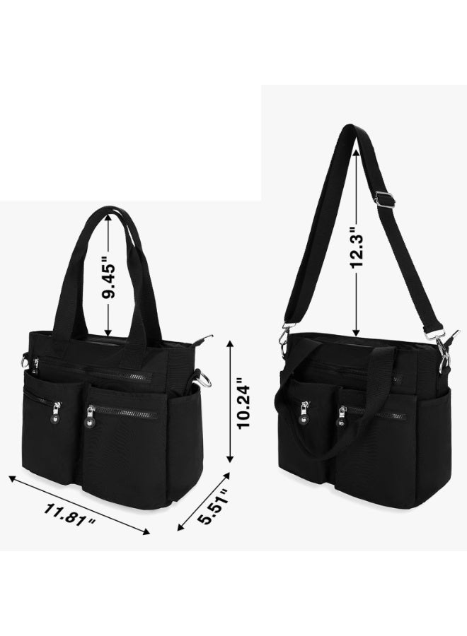 Women's Waterproof Nylon Multi-Pocket Tote Bag with Crossbody Strap, Black - Image 4
