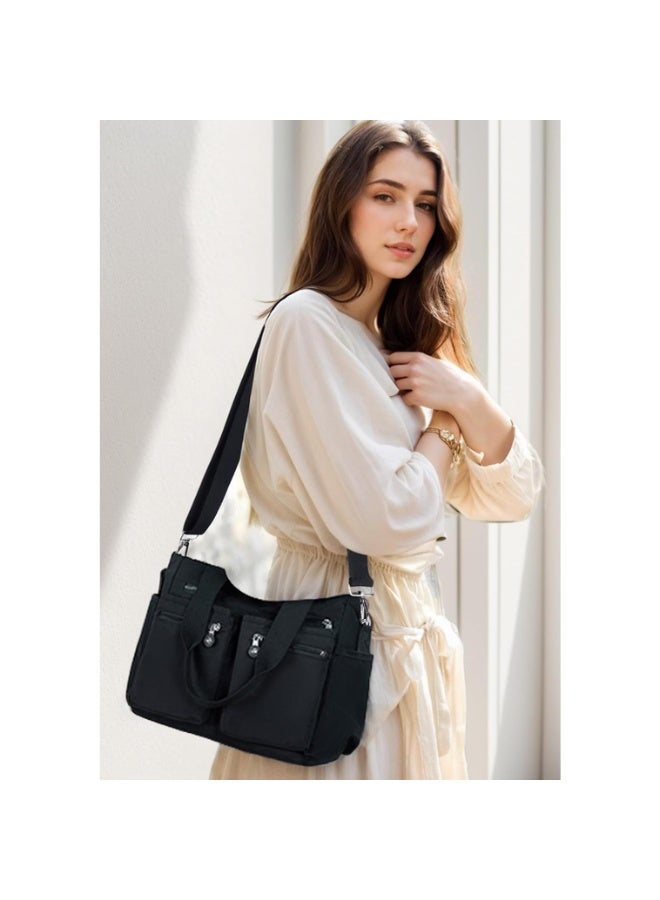 Women's Waterproof Nylon Multi-Pocket Tote Bag with Crossbody Strap, Black - Image 3