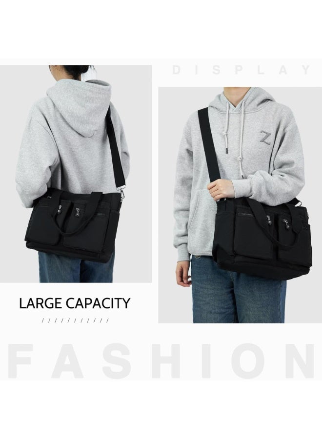 Women's Waterproof Nylon Multi-Pocket Tote Bag with Crossbody Strap, Black - Image 5