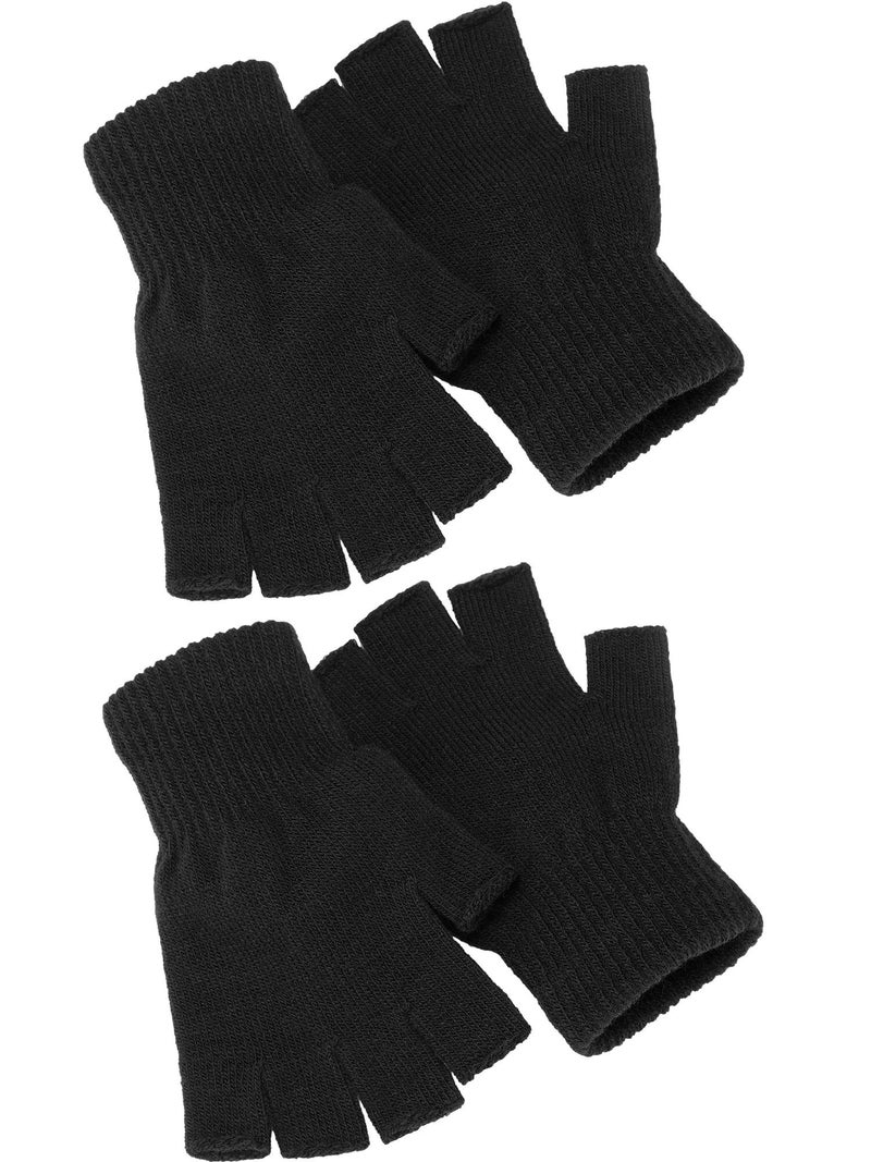 SATINIOR 2 Pair Unisex Winter Half Finger Gloves Knitted Fingerless Mittens Warm Stretchy Gloves in Common Size(Standard Size,Black) - Image 1