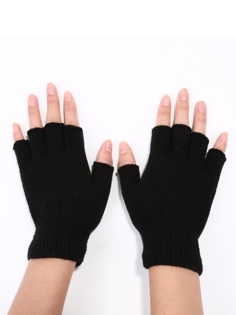 SATINIOR 2 Pair Unisex Winter Half Finger Gloves Knitted Fingerless Mittens Warm Stretchy Gloves in Common Size(Standard Size,Black) - Image 4