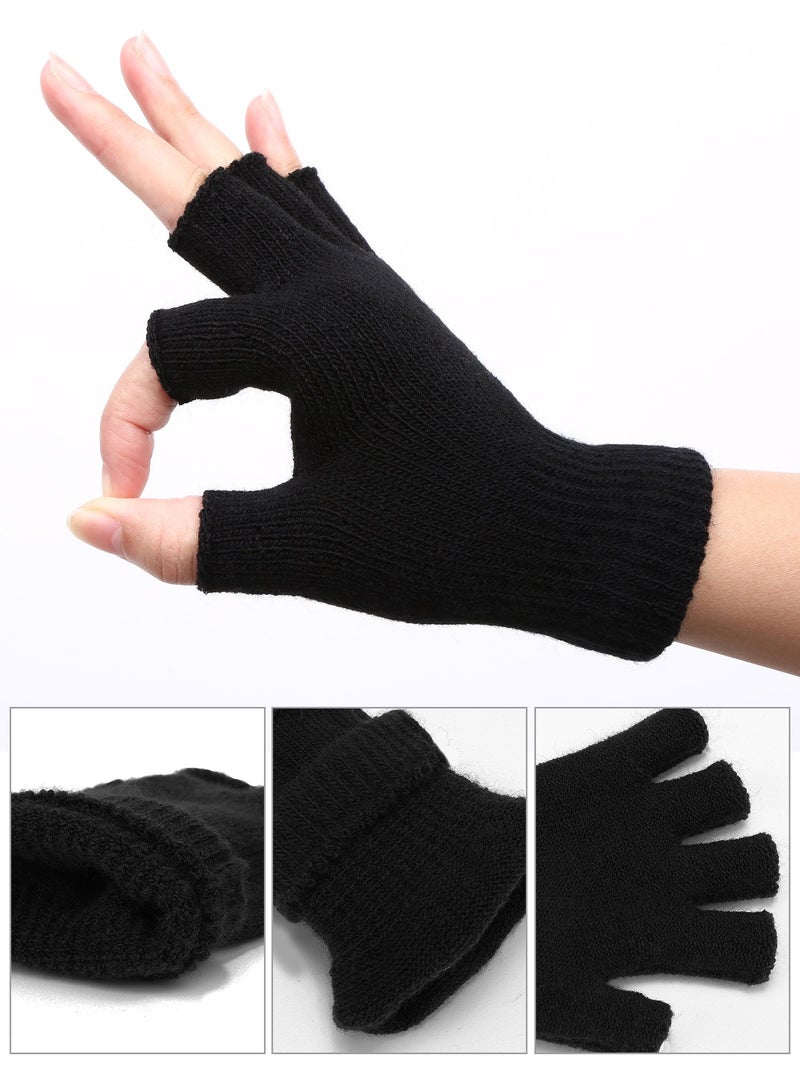 SATINIOR 2 Pair Unisex Winter Half Finger Gloves Knitted Fingerless Mittens Warm Stretchy Gloves in Common Size(Standard Size,Black) - Image 3
