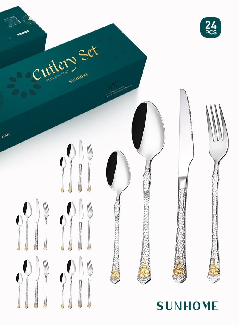 صن هوم مجموعة أدوات مائدة من الفولاذ المقاوم للصدأ من SUNHOME مكونة من 24 قطعة، مجموعة أدوات مطبخ غربية مناسبة للمنزل والمطبخ والمطعم والفندق والحفلات وتناول الطعام والنزهات، عبوة رائعة للهدايا - Image 1