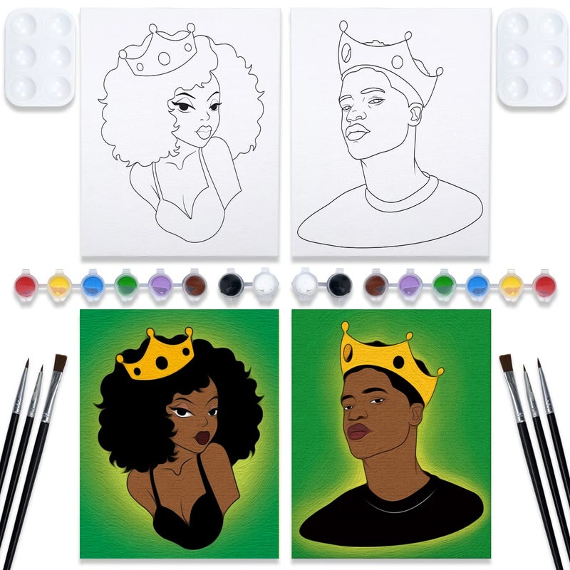 VOCHIC 2 Pack Paint and Sip Kit Pre Drawn Canvas to Paint for Adults Stretched Canvases Painting Party Art Set Couples Games Date Night Ideas Afro Queen King 8x10 Inches