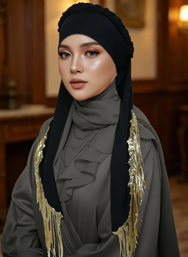Take Two Black Plain Headscarf with Gold Fringe