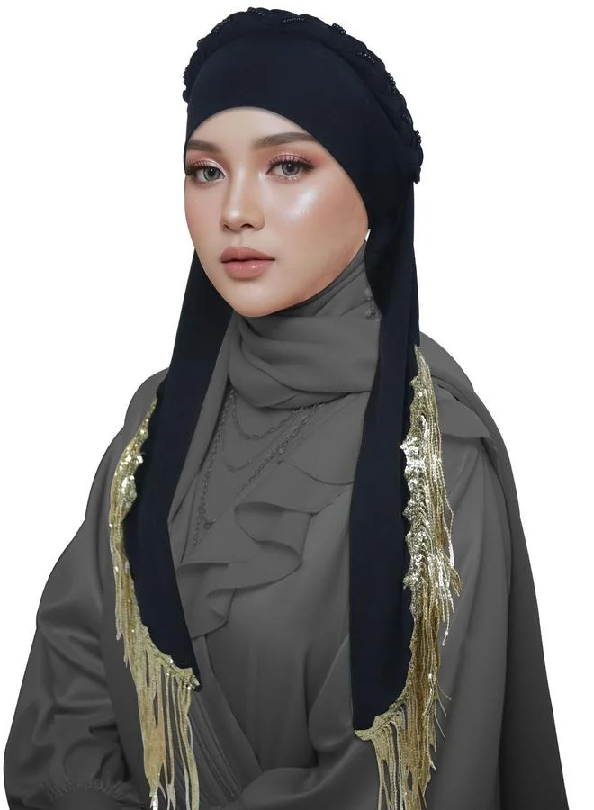Take Two Black Plain Headscarf with Gold Fringe