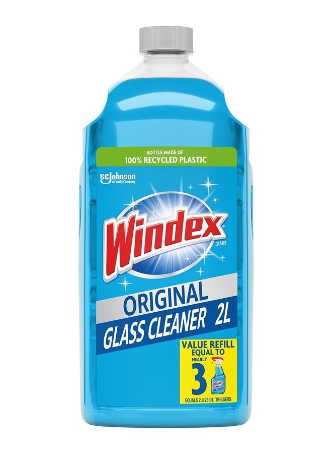 Windex Glass Cleaner Spray Refill, Original Blue Window Cleaner Works on Smudges and Fingerprints, Bottle Made from 100% Recovered Coastal Plastic, 2L  - Image 1