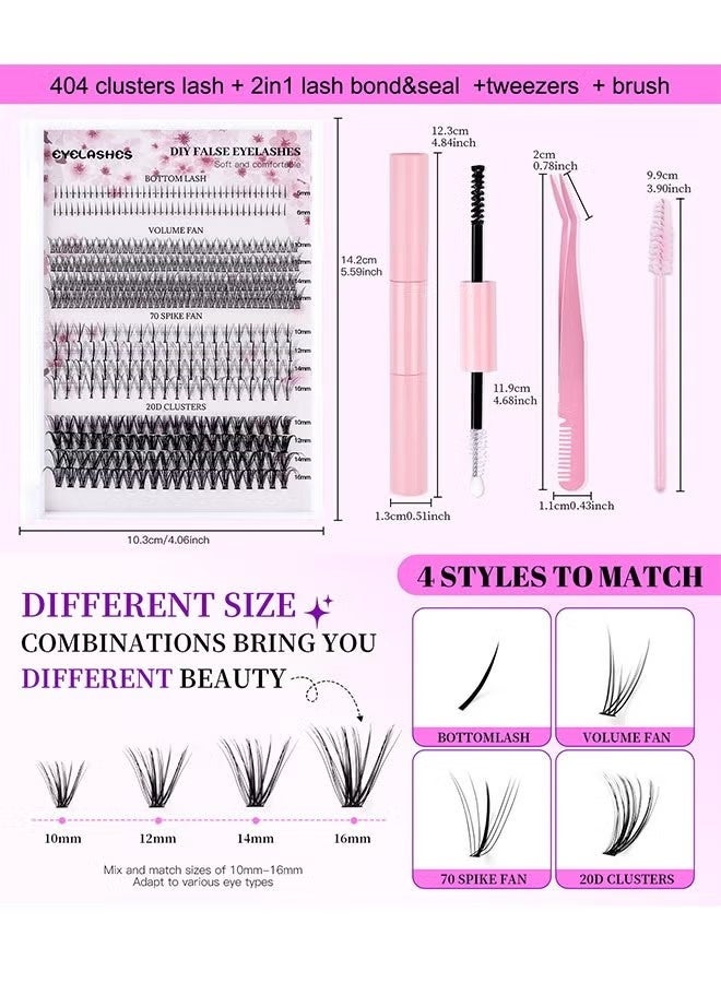 JS 4 Styles DIY Eyelash Extension Kit 404 Clusters, 5-16mm Mixed Individual Lashes Cluster, Natural Curl Personal Eyelash Set, Segmented False Eyelashes, Thick Eyelashes - Image 2