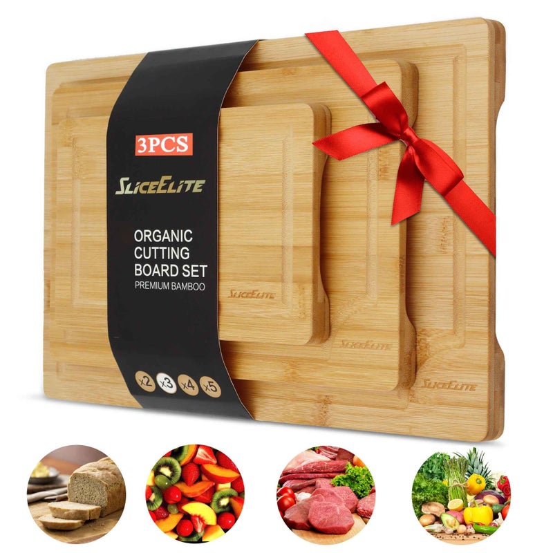SliceElite 3pc Bamboo Cutting Board Set: Eco-friendly, durable chopping boards with handles & juice grooves. Ideal for all kitchen tasks (Large, Medium, Small), Natural - Image 1