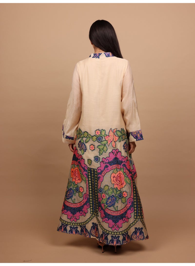 IKKXA Elegant V-Neck Printed Jalabiya IK6042 Beige - Image 5