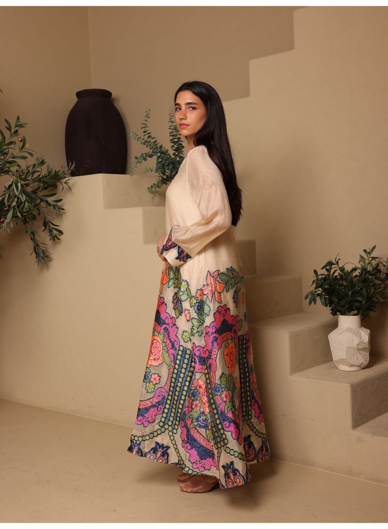 IKKXA Elegant V-Neck Printed Jalabiya IK6042 Beige - Image 3