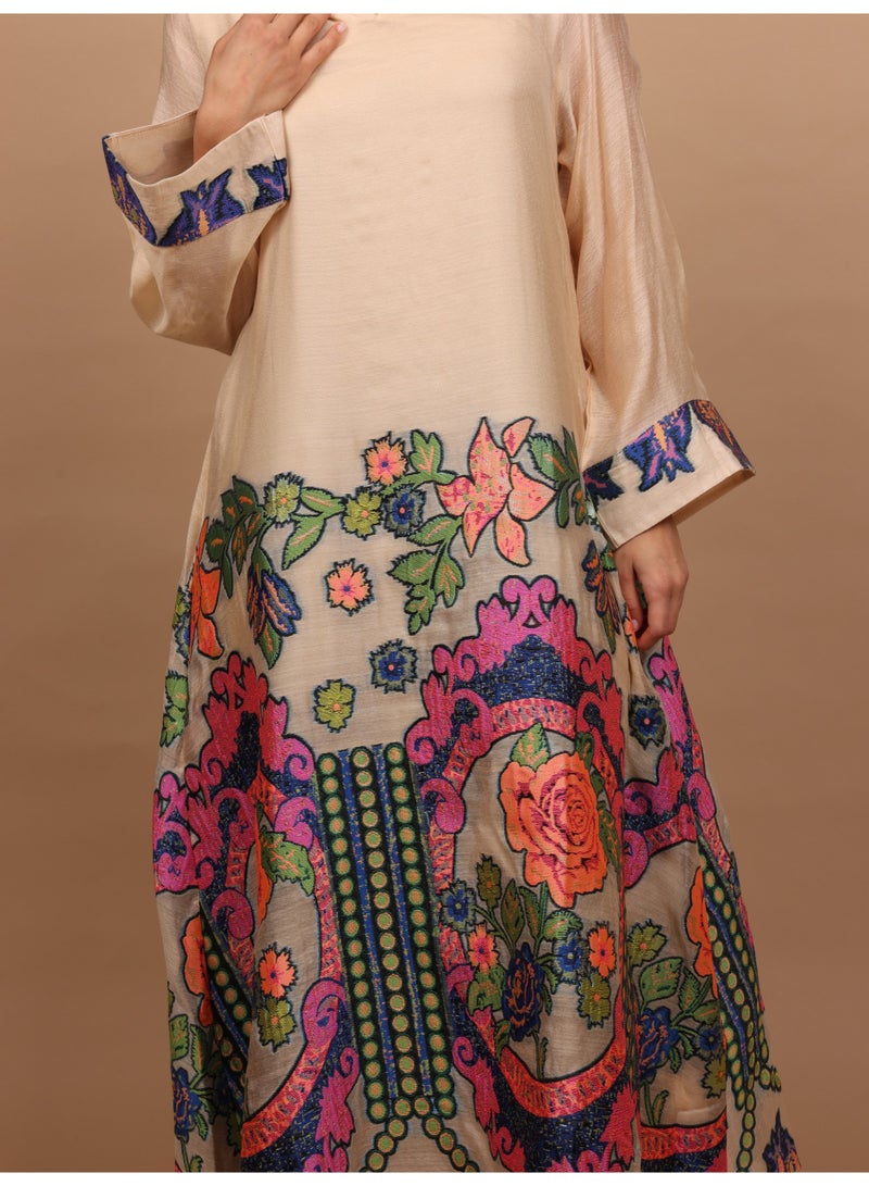 IKKXA Elegant V-Neck Printed Jalabiya IK6042 Beige - Image 4