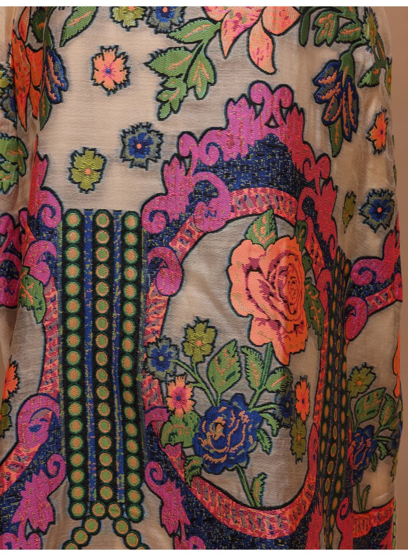 IKKXA Elegant V-Neck Printed Jalabiya IK6042 Beige - Image 2