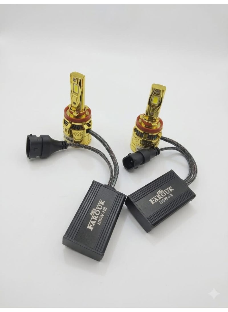 أما طقم لمبات ليد للسيارة H8 – 100 واط – إضاءة LED بيضاء فائقة السطوع – زوج لمبات - Image 1