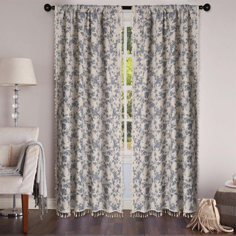 Moslovstar 1 Pair Blue Floral Linen Curtains Rustic Country Style Light Filtering Rod Pocket Window Drapes Beige Tassels, 52" W x 63" L - Image 2