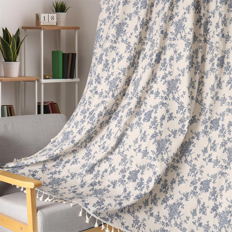 Moslovstar 1 Pair Blue Floral Linen Curtains Rustic Country Style Light Filtering Rod Pocket Window Drapes Beige Tassels, 52" W x 63" L - Image 1