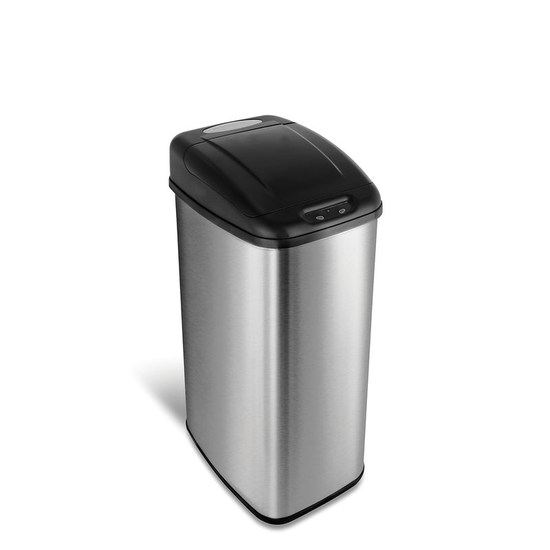 NINESTARS DZT506 Automatic Touchless Infrared Motion Sensor Trash Can 13 Gal 50L Stainless Steel Base Rectangular Black Lid