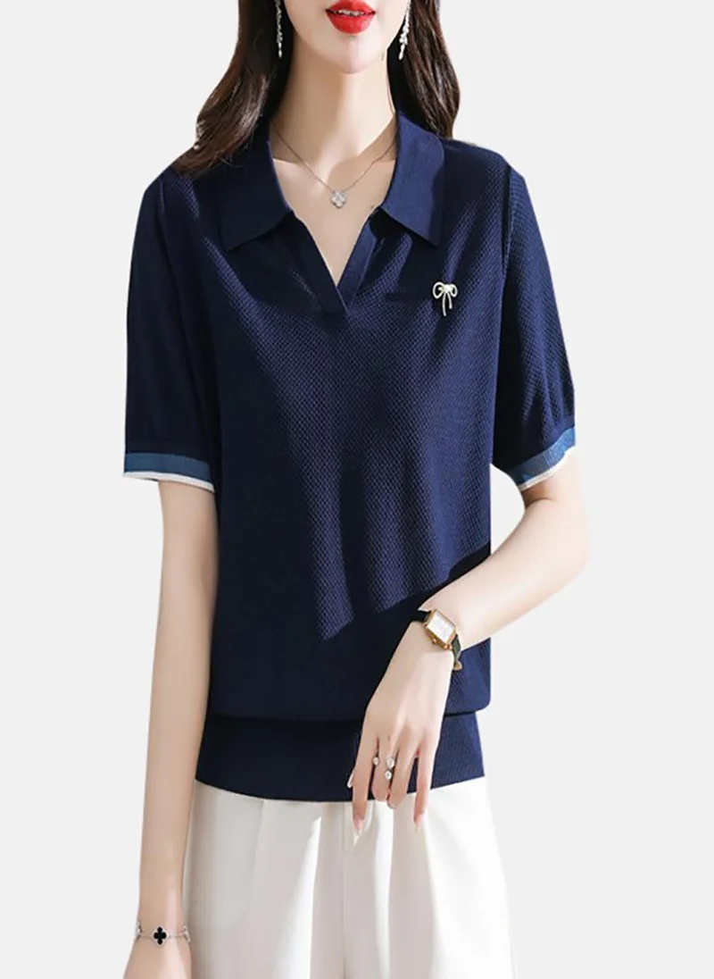 يونيكي Blue Solid Short Sleeve Polo Collar Polo Shirt