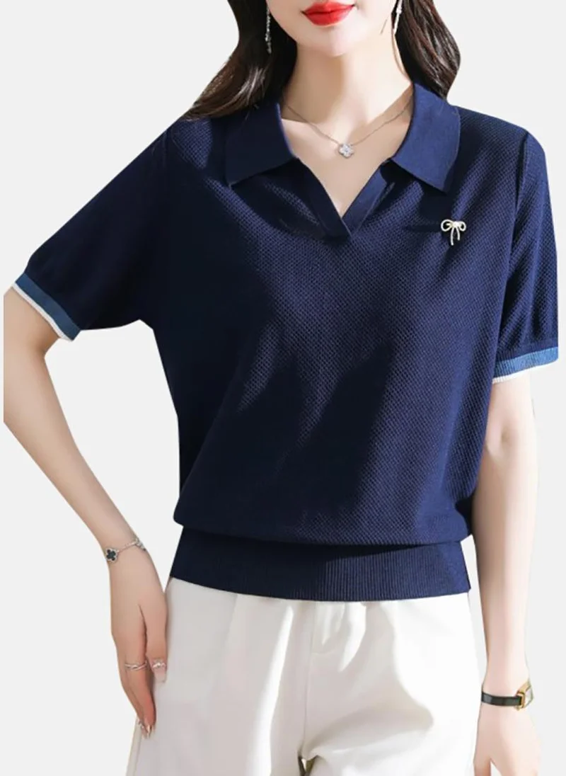 يونيكي Blue Solid Short Sleeve Polo Collar Polo Shirt