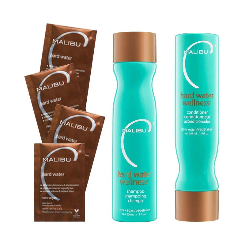 Malibu C Hard Water Wellness Collection - Hard Water Shampoo and Conditioner + Hard Water Mask Packets - Removes Hard Water Deposits & Impurities from Hair - Hydrating Hair Care (6 Ct) - Image 1