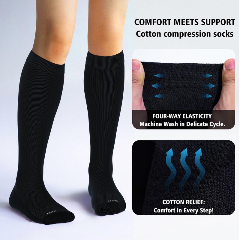 LEVSOX Extra Thick Cotton Compression Socks for Women&Men 20-30 mmHg Knee High Graduated Support Sock for Nurses, Pregnant Women, Travel and Flight, 2 Pairs, Black - Image 3