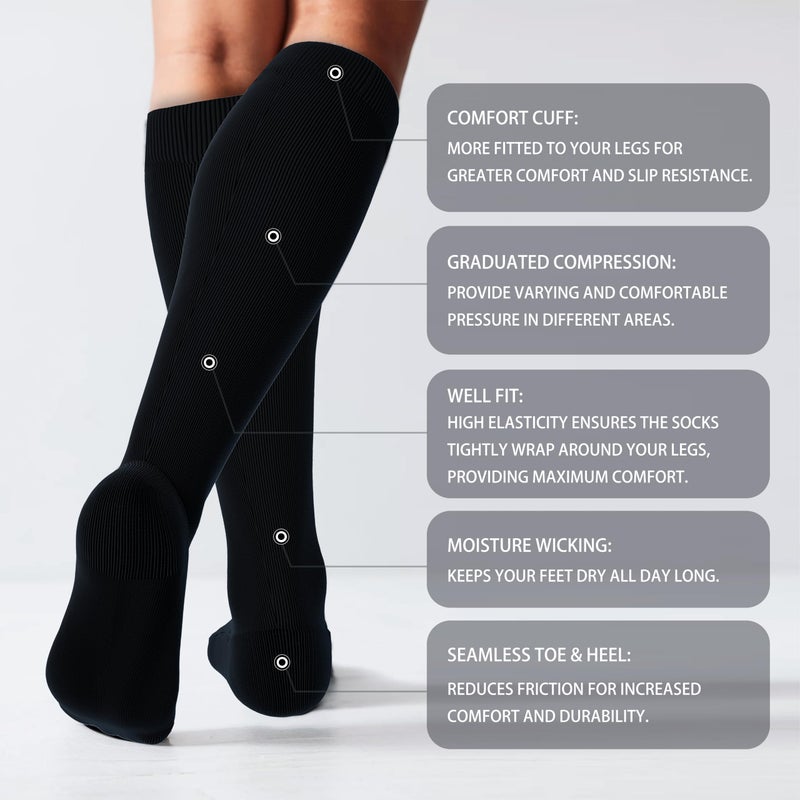 LEVSOX Extra Thick Cotton Compression Socks for Women&Men 20-30 mmHg Knee High Graduated Support Sock for Nurses, Pregnant Women, Travel and Flight, 2 Pairs, Black - Image 2