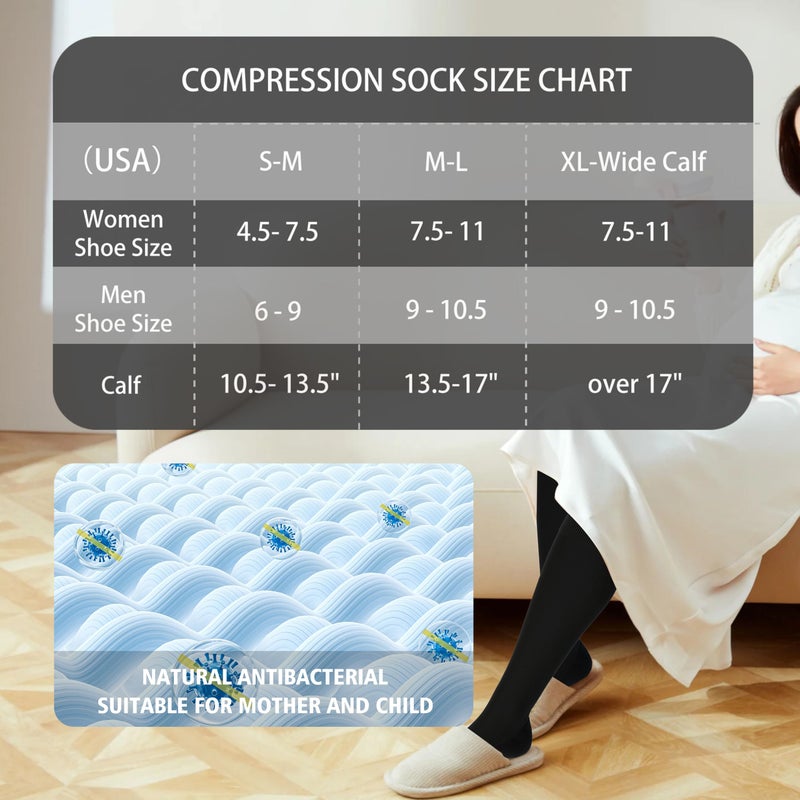 LEVSOX Extra Thick Cotton Compression Socks for Women&Men 20-30 mmHg Knee High Graduated Support Sock for Nurses, Pregnant Women, Travel and Flight, 2 Pairs, Black - Image 5