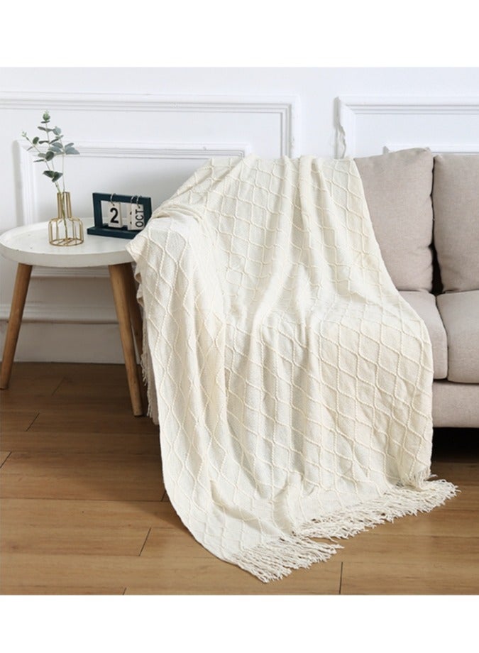 Tassel Design Soft Blanket Keep Warm Cotton Off-white 130 x 170cm - Image 3