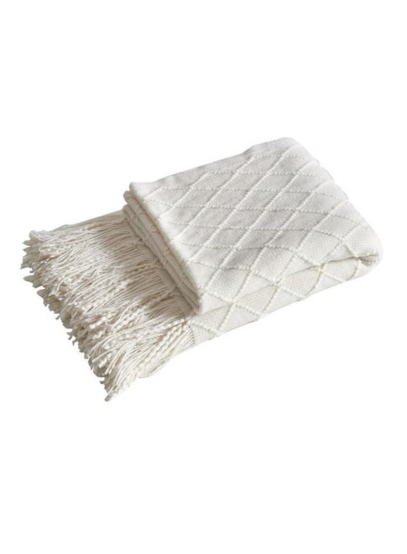 Tassel Design Soft Blanket Keep Warm Cotton Off-white 130 x 170cm - Image 1