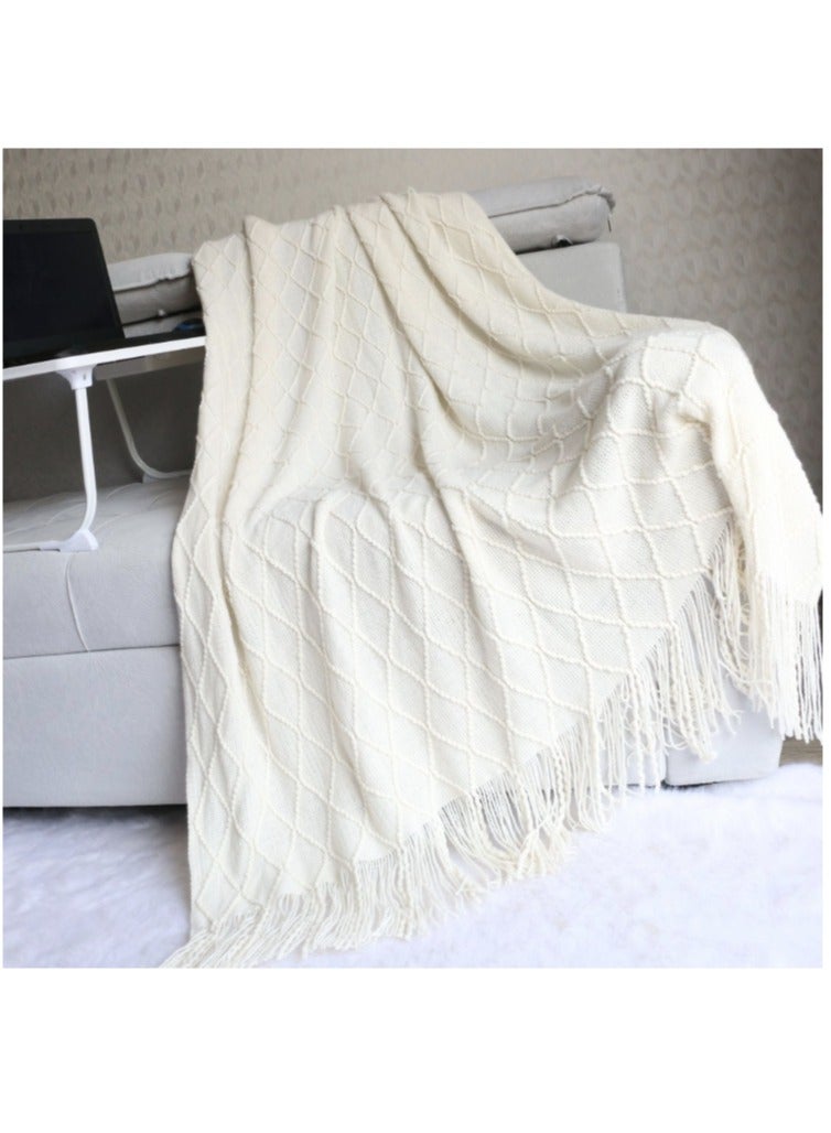 Tassel Design Soft Blanket Keep Warm Cotton Off-white 130 x 170cm - Image 4