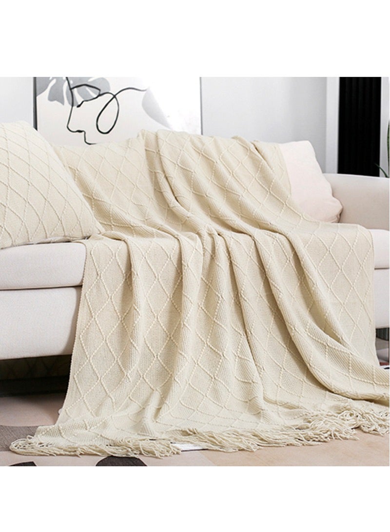 Tassel Design Soft Blanket Keep Warm Cotton Off-white 130 x 170cm - Image 5