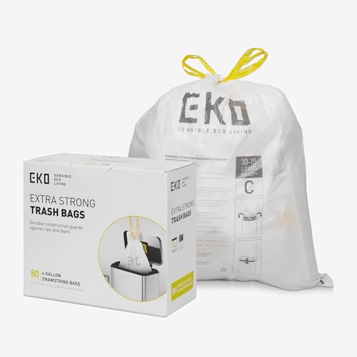 EKO 4 Gallon / 10-15 Liter, 80 Count Small Drawstring Trash Bags, Extra-Strong Unscented Garbage Bags, Easy-Dispense Roll for Kitchen & Household Use, Resists Tears, Leaks and Punctures, Code C, White - Image 1