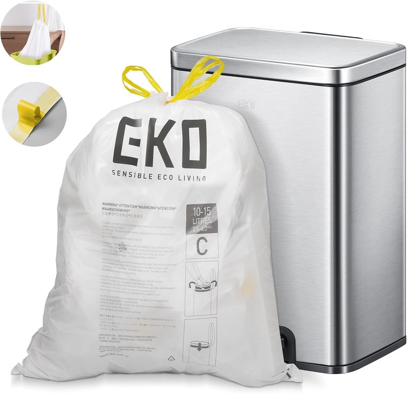 EKO 4 Gallon / 10-15 Liter, 80 Count Small Drawstring Trash Bags, Extra-Strong Unscented Garbage Bags, Easy-Dispense Roll for Kitchen & Household Use, Resists Tears, Leaks and Punctures, Code C, White - Image 5