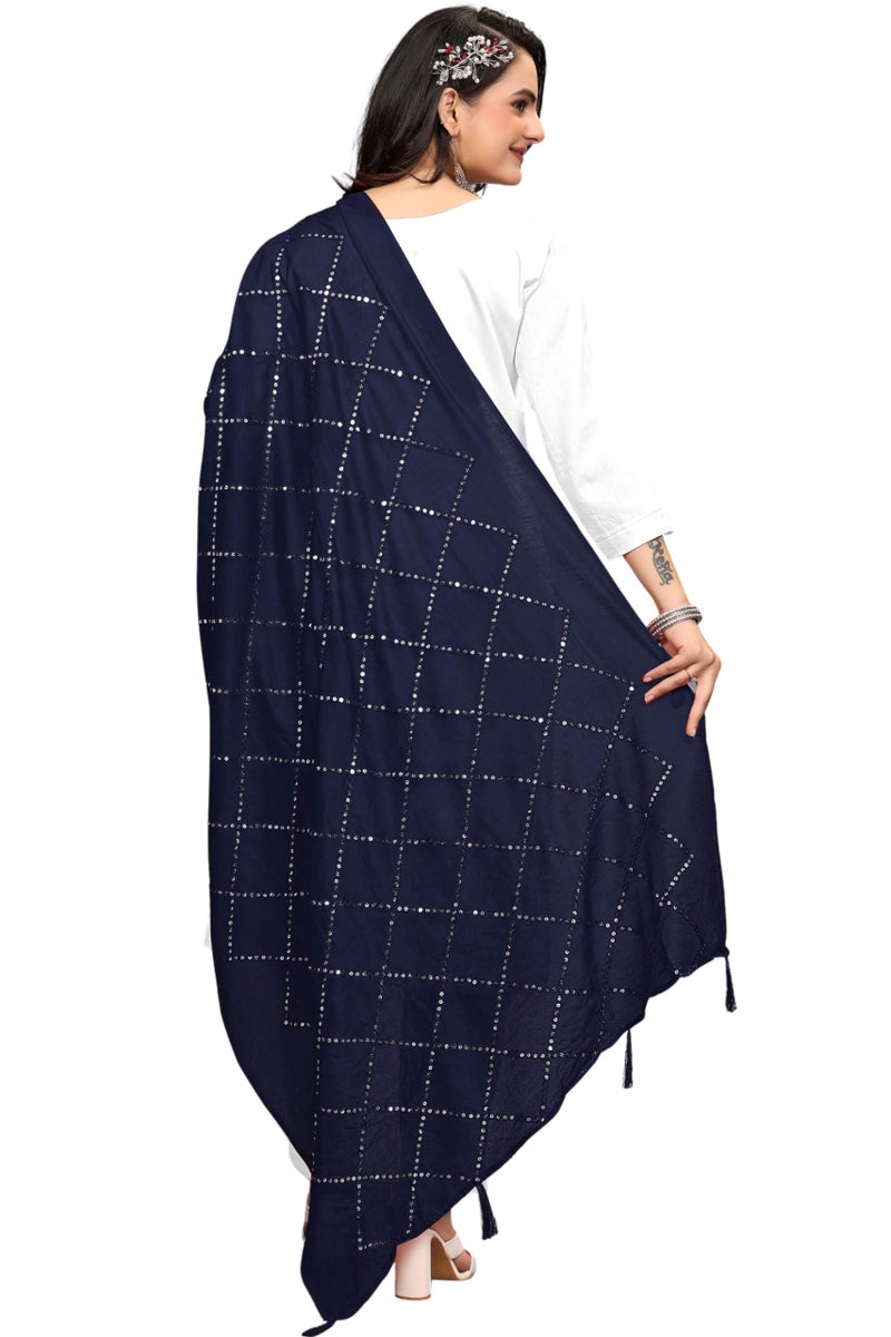 KEMZA Women's Embroidered Cotton Mirror Dupatta (Navy Blue) in Checks Pattern - Image 1