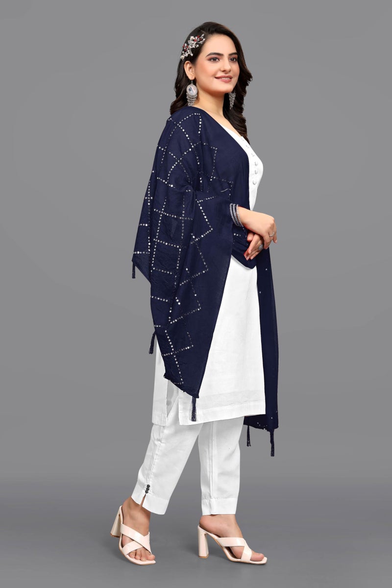 KEMZA Women's Embroidered Cotton Mirror Dupatta (Navy Blue) in Checks Pattern - Image 3