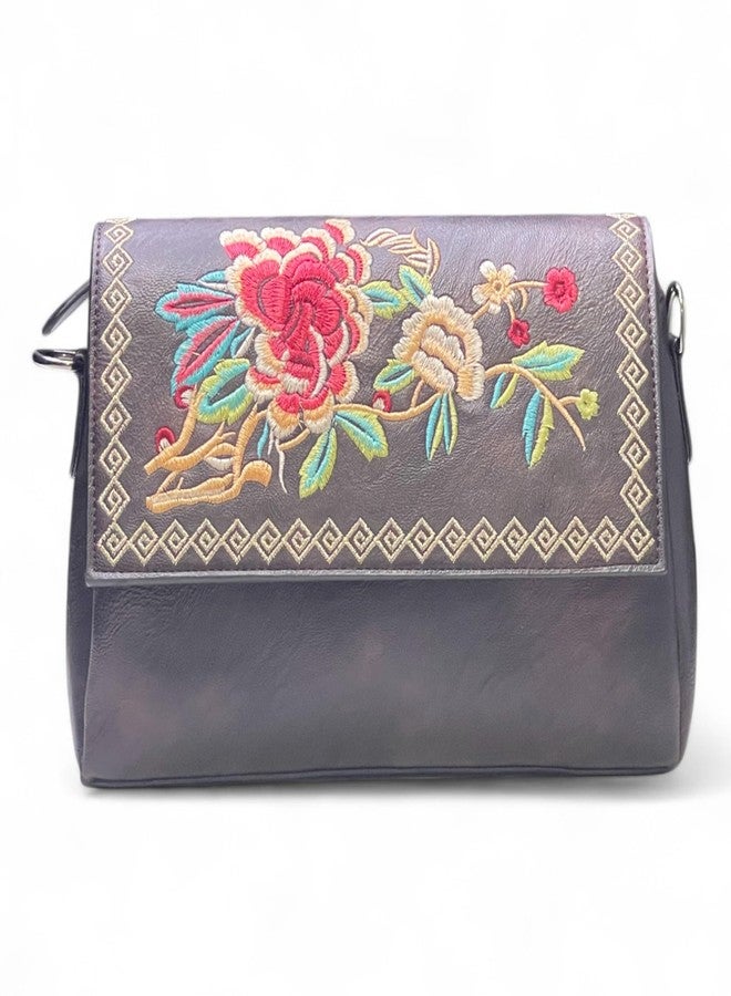 DAZZLE Sling Bag Embroidery Rose Flower Bags For Women (Coffee) - Image 1