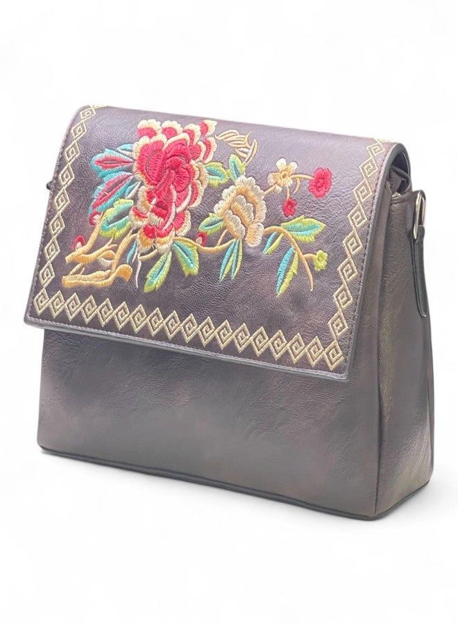 DAZZLE Sling Bag Embroidery Rose Flower Bags For Women (Coffee) - Image 2