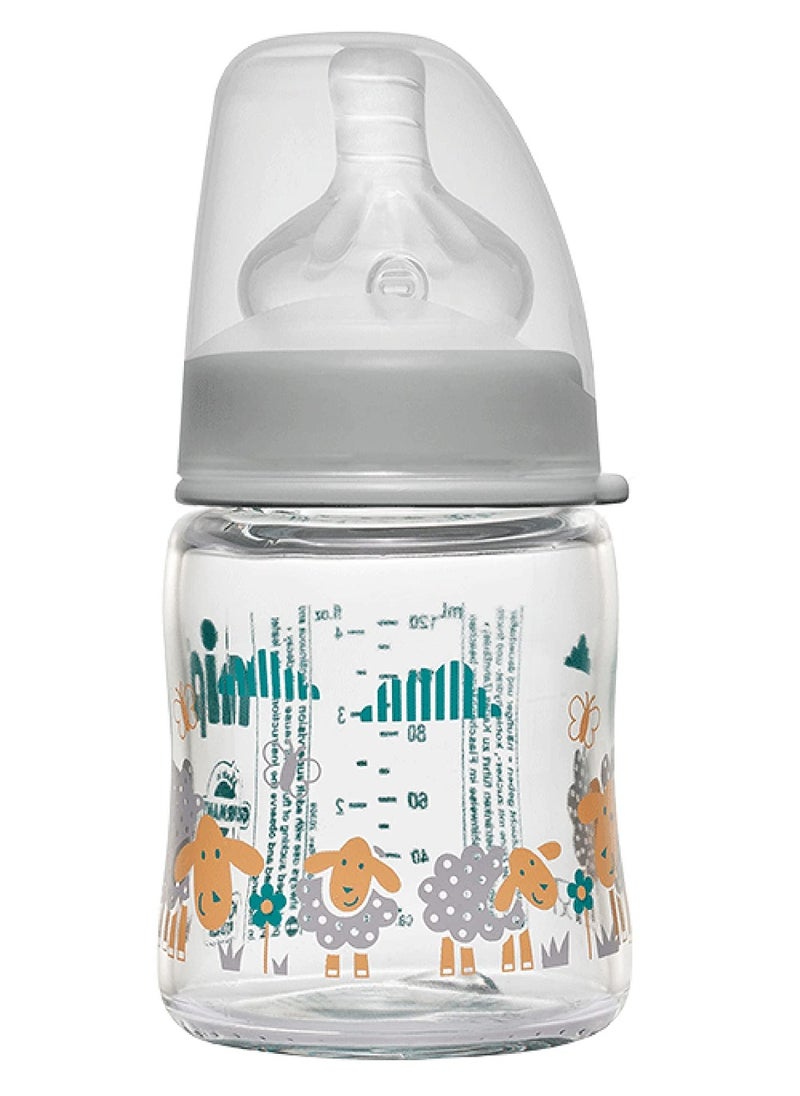 nip Wide Neck Glass Bottle Silicone Round Teat Medium 120ml 0 Month Plus Grey  - Image 1