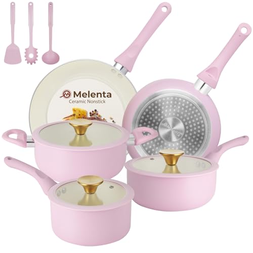 M MELENTA Pots and Pans Set Non Stick Pink Ceramic Cookware Set 11Piece Induction Cookware Non Toxic Healthy Kitchen Cooking Set Gold Knobs Lids StayCool Handles - Image 1