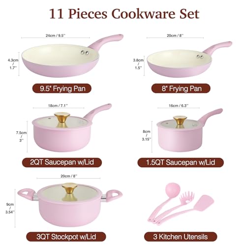 M MELENTA Pots and Pans Set Non Stick Pink Ceramic Cookware Set 11Piece Induction Cookware Non Toxic Healthy Kitchen Cooking Set Gold Knobs Lids StayCool Handles - Image 3