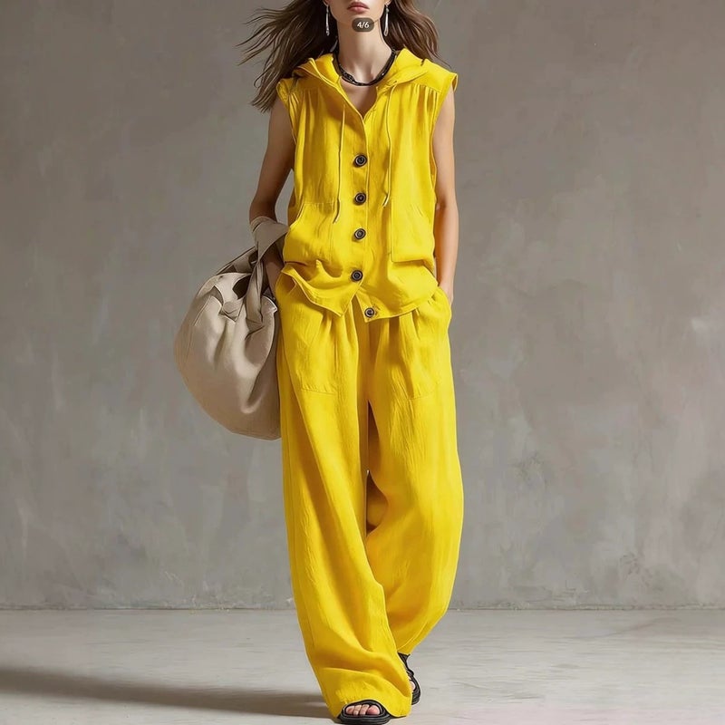 2026 Summer Multicolor Sleeveless Relaxed Hooded Top + High-Waist Wide-Leg Pants Set - Image 4