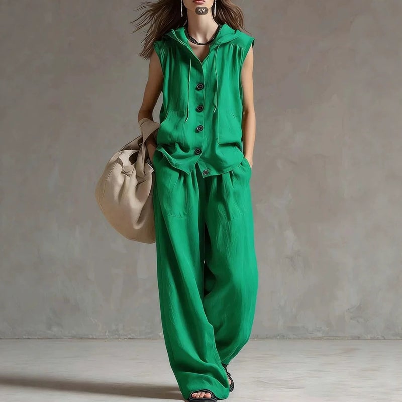 2026 Summer Multicolor Sleeveless Relaxed Hooded Top + High-Waist Wide-Leg Pants Set - Image 3