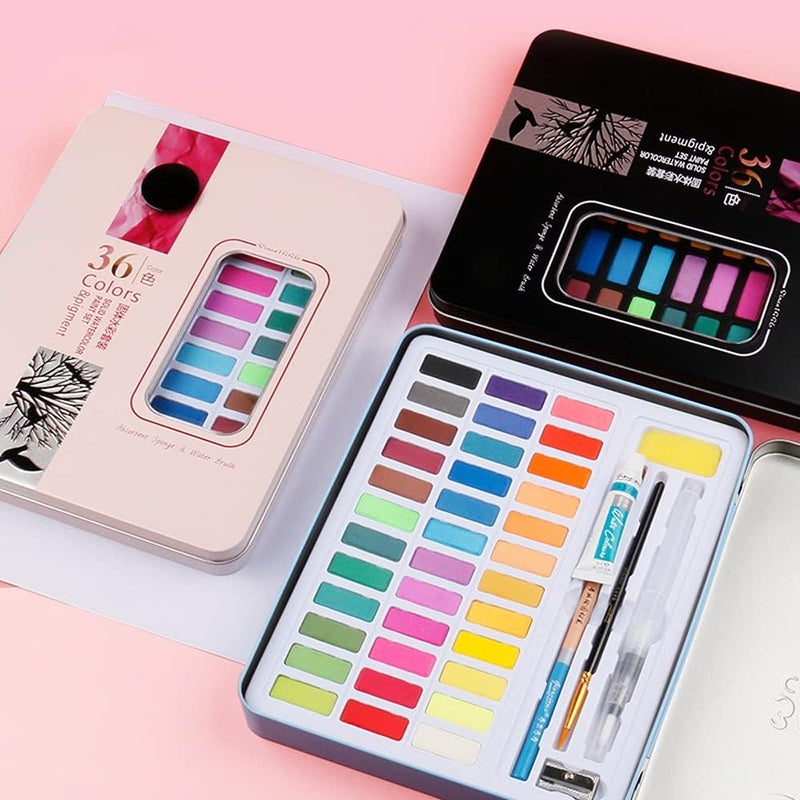 ADOERE 36 Pcs Water color Paint Set of Water Brush Pen Set Solid Watercolor Paints Set of 36 Multicolor