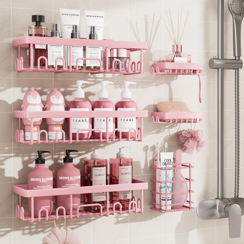 Veken Large Capacity Shower Caddy 6-Pack, No Drilling & Rustproof, Adhesive Shower Shelves with Soap Holder, Bathroom Organizers and Storage, Wall-Mounted Kitchen & Home Decor, Pink - Image 1