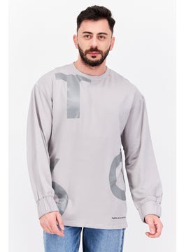 Men Crew Neck Long Sleeves Brand Logo Sweatshirt, Grey