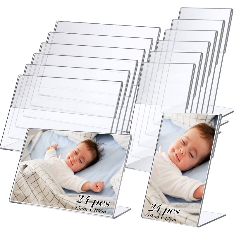 Yulejo 48 Pieces Photo Acrylic Sign Holder 4 x 6 Inches Plastic Clear Photo Booth Frames Slanted Back Vertical and Horizontal Tabletop Standing for Home Office Restaurant Desk Display