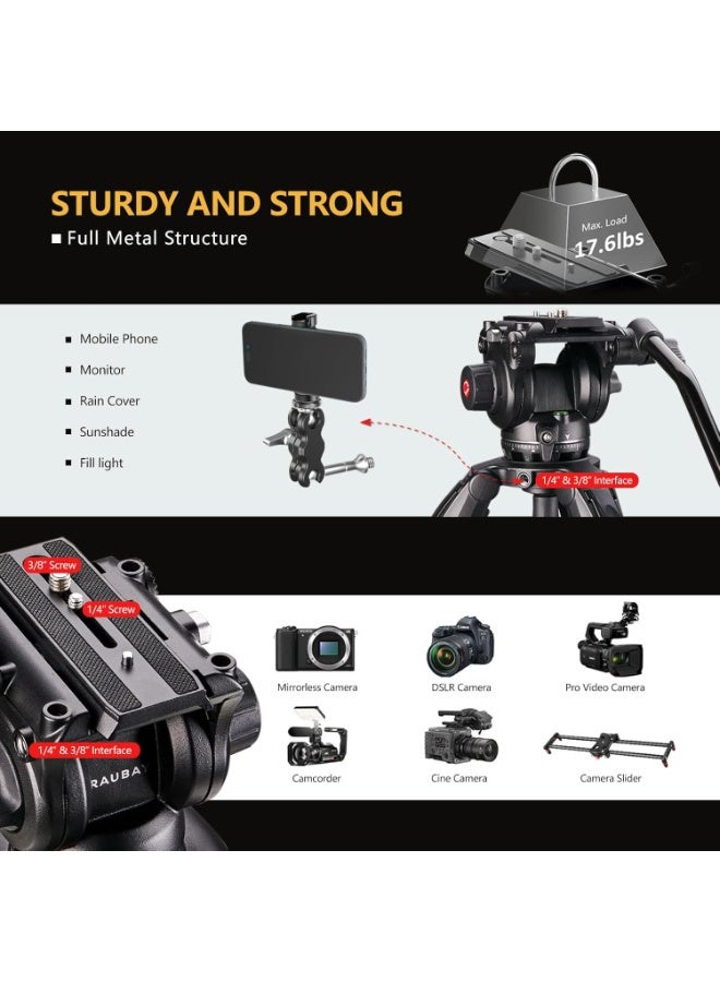 RAUBAY DV-3 Fluid Head Video Tripod 70.8" – 360° Pan & 165° Tilt, 75mm Bowl Base, Ultra-Low 13.1" Angle, Aluminum Single Tube Legs, 17.6lbs Max Load, For DSLR & Camcorder - Image 5