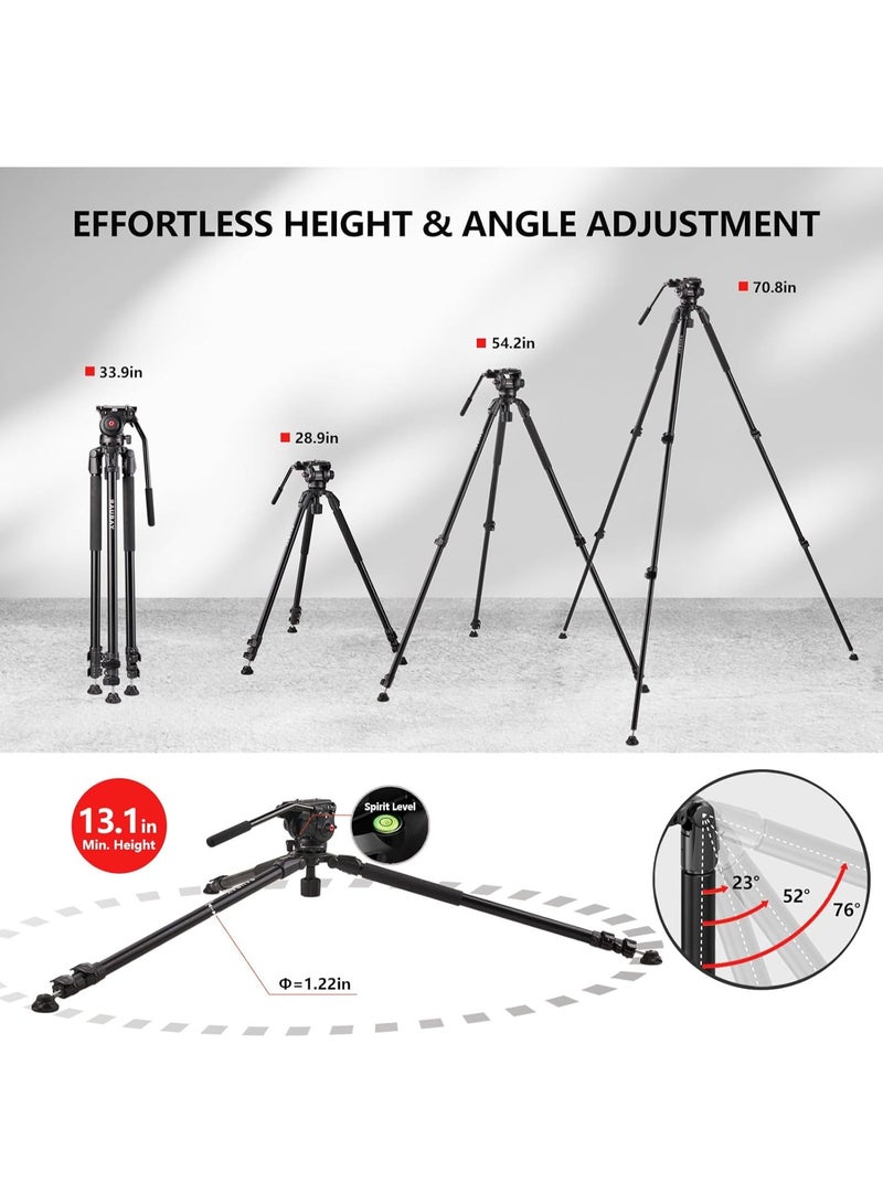 RAUBAY DV-3 Fluid Head Video Tripod 70.8" – 360° Pan & 165° Tilt, 75mm Bowl Base, Ultra-Low 13.1" Angle, Aluminum Single Tube Legs, 17.6lbs Max Load, For DSLR & Camcorder - Image 4