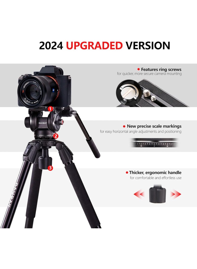 RAUBAY DV-3 Fluid Head Video Tripod 70.8" – 360° Pan & 165° Tilt, 75mm Bowl Base, Ultra-Low 13.1" Angle, Aluminum Single Tube Legs, 17.6lbs Max Load, For DSLR & Camcorder - Image 2