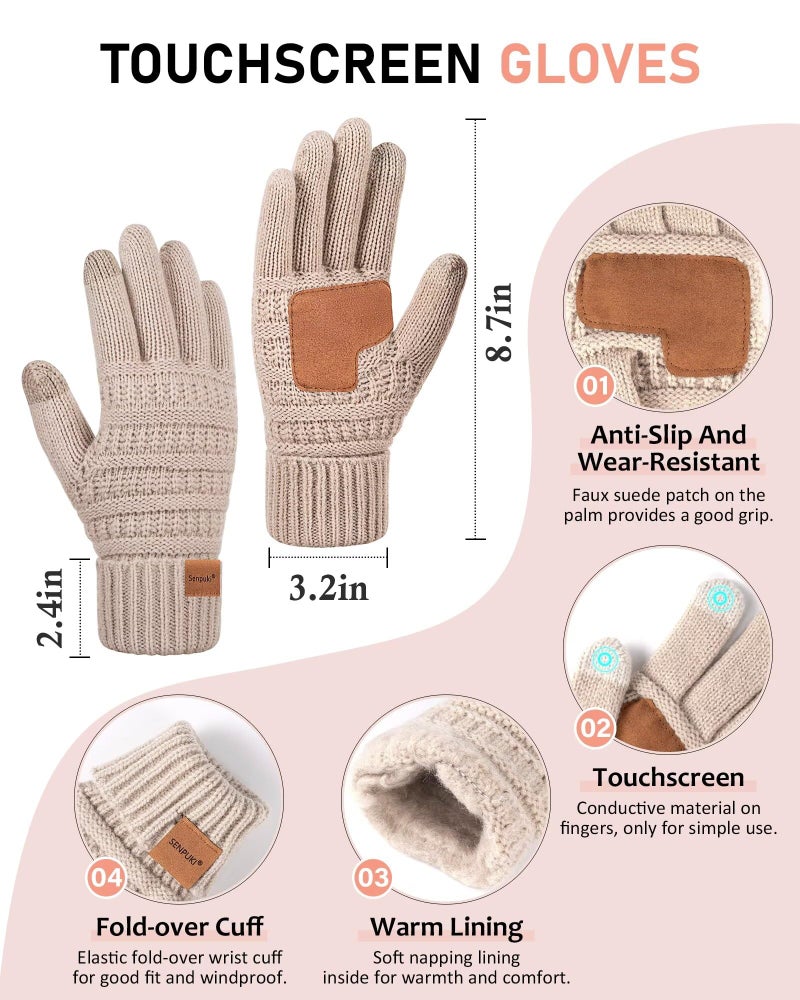 SENPUKI Womens Winter Beanie Hat Scarf Gloves Headband Set, Slouchy Beanie Ear Warmer with Fleece Lined Thick Knit Neck Scarf Touchscreen Gloves, 4 Piece Fashionable Warm Gift Set for Cold Weather(Oatmeal) - Image 3